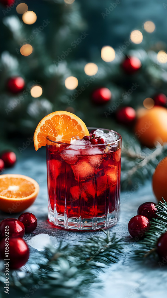 Festive Cranberry Orange Cocktail Photo with Christmas Tree