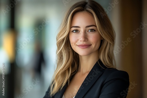 Elegant Businesswoman with Relaxed Smile and Natural Makeup