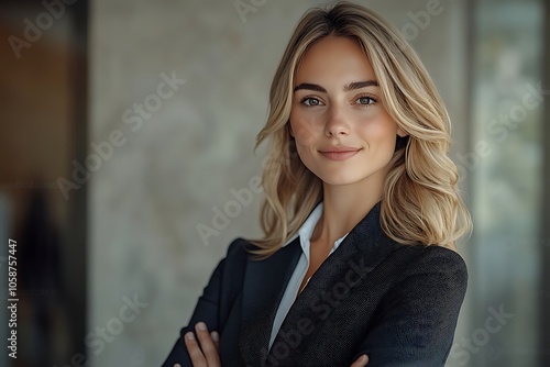 Elegant Businesswoman with Wavy Blonde Hair and Natural Makeup