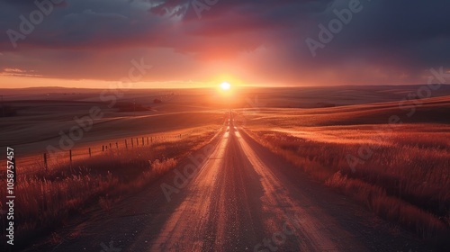 Dramatic Sunrise over Countryside Field and Open Road