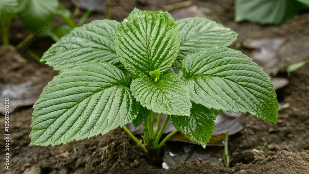 A close-up view of a small, vibrant green plant growing in the soil A close-up view of a small, vibrant green plant growing in the soil