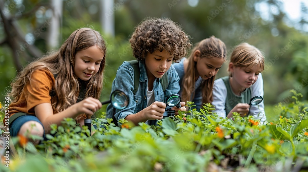 Fototapeta premium Children exploring nature with magnifying glasses in a garden.