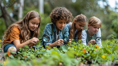 Children exploring nature with magnifying glasses in a garden.