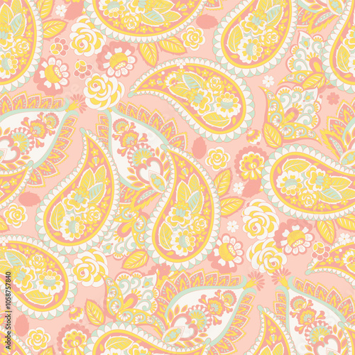 Floral seamless pattern with paisley ornament. Vector illustration in asian textile style