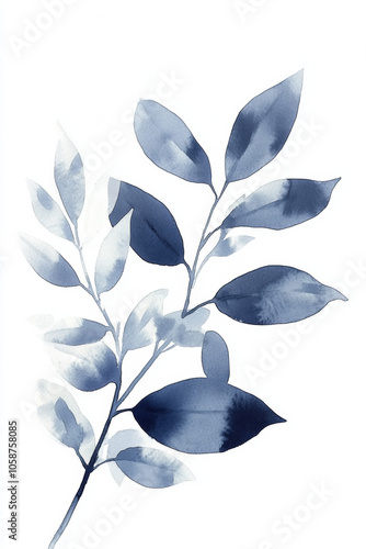 Leaves, tree branches painted with blue watercolor on a white background