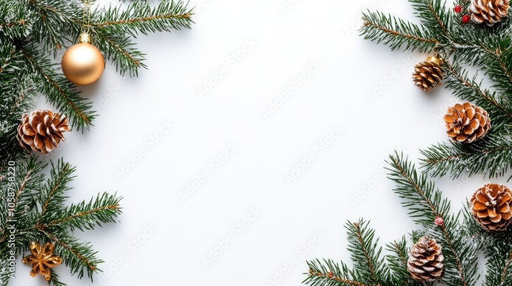 Christmas desk flat lay backdrop with ample copy space. A beautifully decorated fir branch creates a charming border against a white background, viewed from above. Christmas desk flat lay backdrop with ample copy space. A beautifully decorated fir branch creates a charming border against a white background, viewed from above.