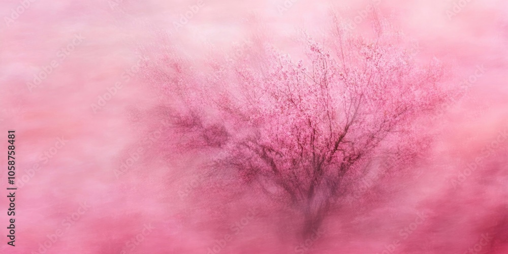 Fototapeta premium An abstract, blurred image of a spring cherry tree creates a pink background texture. This botanical scene offers a design wallpaper with a light floral splash in a cotton candy sky.