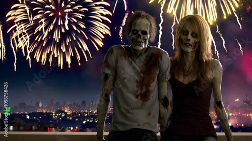 Inanimate lifeless zombie couple at new year's eve fireworks party with colorful explosions in the sky, undead enjoying the festivities as they stand on a building rooftop 