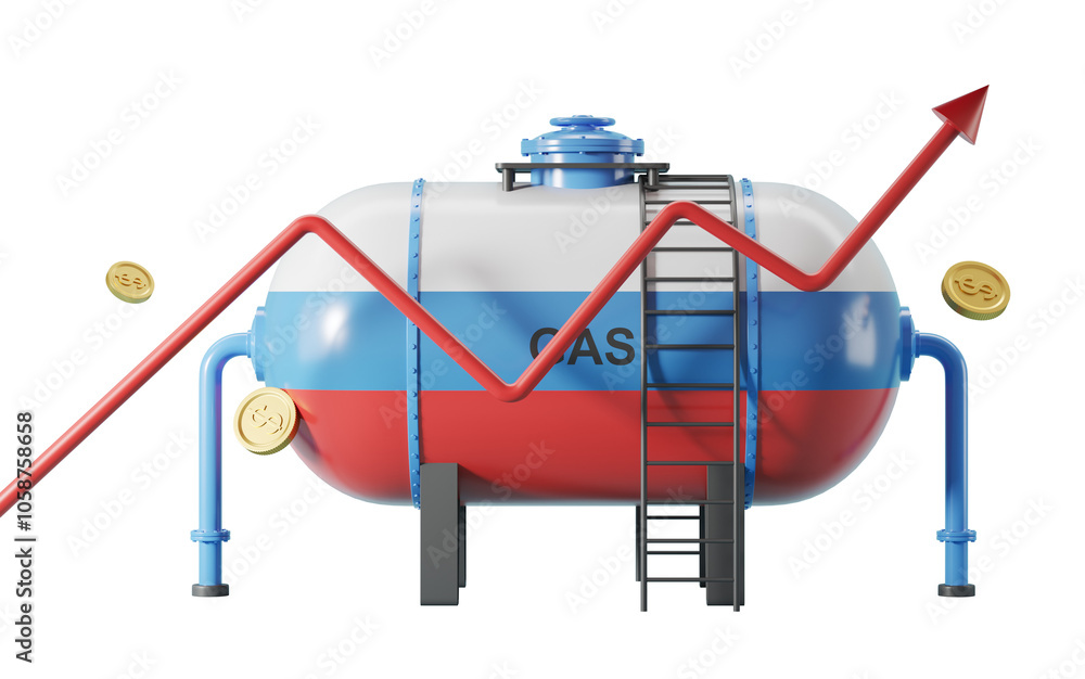 Naklejka premium Gas tank with Russian flag colors, red upward trend line, coins with dollar symbols, isolated on white background. Concept of rising gas prices. 3D Rendering