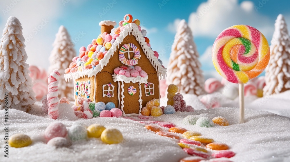 A gingerbread house with a candy cane on top A gingerbread house with a candy cane on top