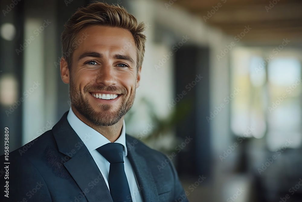 Friendly Businessman in Suit Smiling in Office Setting Friendly Businessman in Suit Smiling in Office Setting
