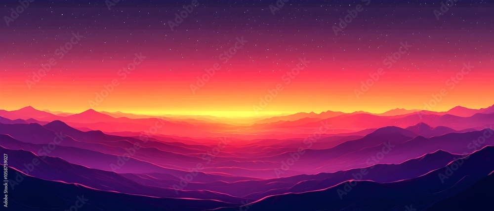 Obraz premium A stunning digital illustration of a mountain landscape at sunset, showcasing vibrant hues of purple, pink, and orange blending into a starry sky.