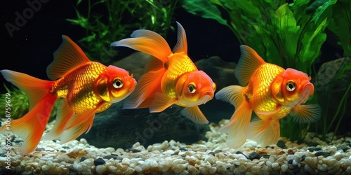 Goldfish are swimming in an aquarium specifically for the purpose of breeding, creating an environment conducive to their reproduction activities. photo