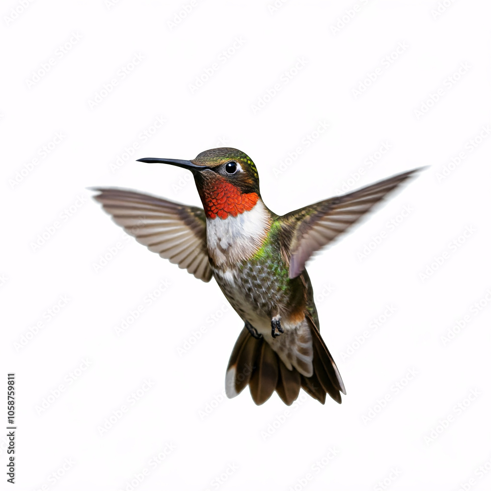 Fototapeta premium A vibrant Ruby-throated Hummingbird hovers in mid-air, its wings outstretched