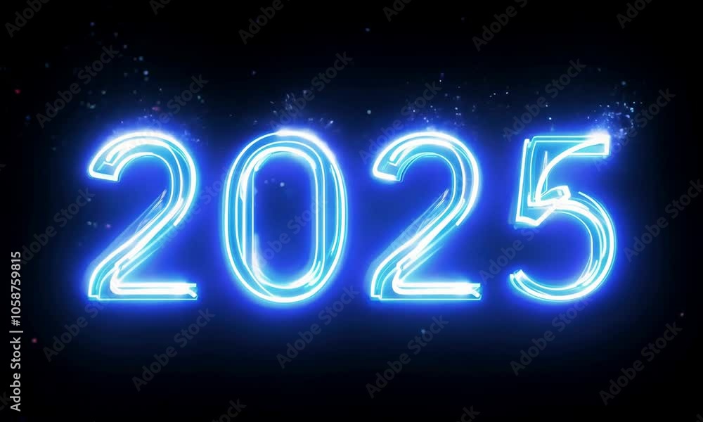 The inscription number year '2025' is lit with bright neon light and shimmers. black background The inscription number year '2025' is lit with bright neon light and shimmers. black background
