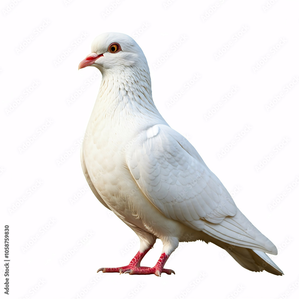 Fototapeta premium A majestic white dove stands tall against a clean white background