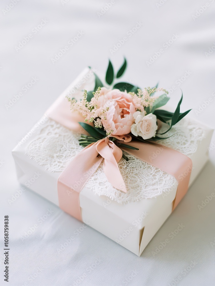 Elegant wedding gift adorned with delicate lace and beautiful floral accents, perfect for celebrating love. Elegant wedding gift adorned with delicate lace and beautiful floral accents, perfect for celebrating love.