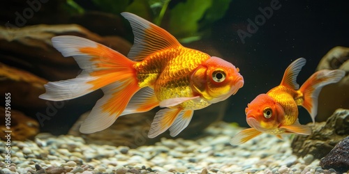 Goldfish are swimming in an aquarium specifically for the purpose of breeding, creating an environment conducive to their reproduction activities. photo