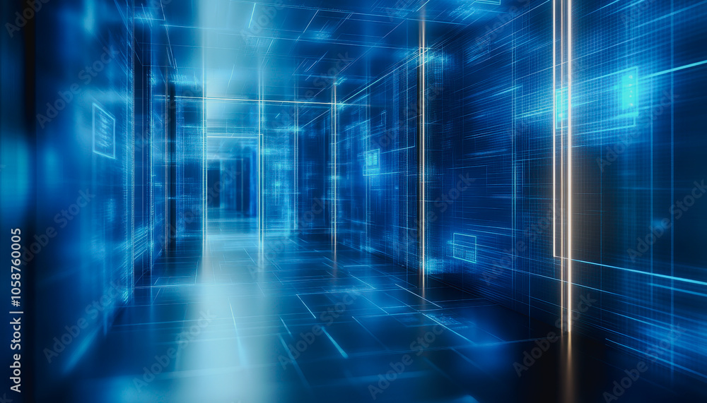 Explore a mesmerizing futuristic corridor with a digital grid, illuminated in striking blue tones, ideal for technology and abstract visual themes. Explore a mesmerizing futuristic corridor with a digital grid, illuminated in striking blue tones, ideal for technology and abstract visual themes.