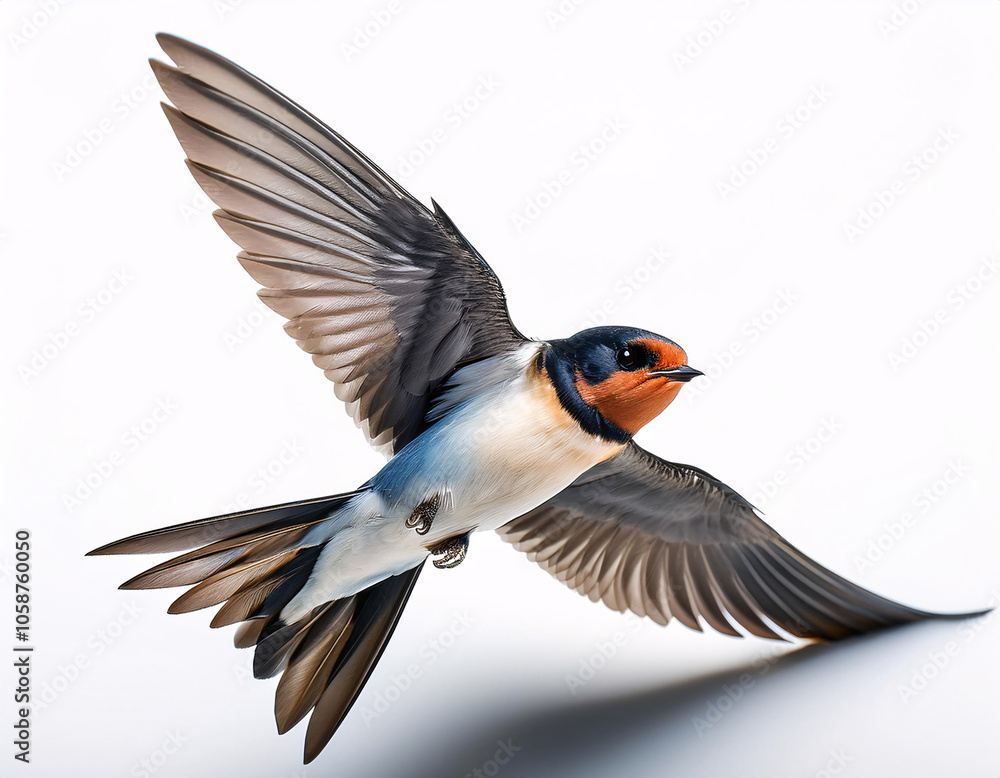 A Barn Swallow in flight, its wings outstretched and its long tail feathers trailing behind A Barn Swallow in flight, its wings outstretched and its long tail feathers trailing behind