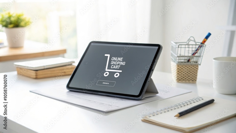 Tablet displaying an online shopping cart interface. Tablet displaying an online shopping cart interface.