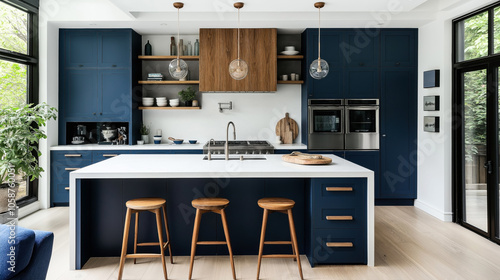 Modern kitchen with blue cabinetry, white countertops, wooden stools, pendant lighting, stainless steel appliances, and open shelving. Large windows provide natural light.