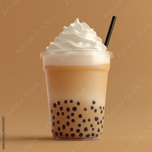 Creamy Bubble Tea with Tapioca Pearls in a Disposable Cup photo