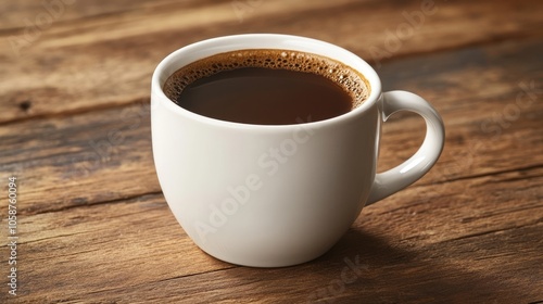 Black coffee with milk in a cup placed on a rustic wooden background, creating a warm atmosphere. The coffee cup adds to the cozy aesthetic, ideal for inviting settings with ample copy space.