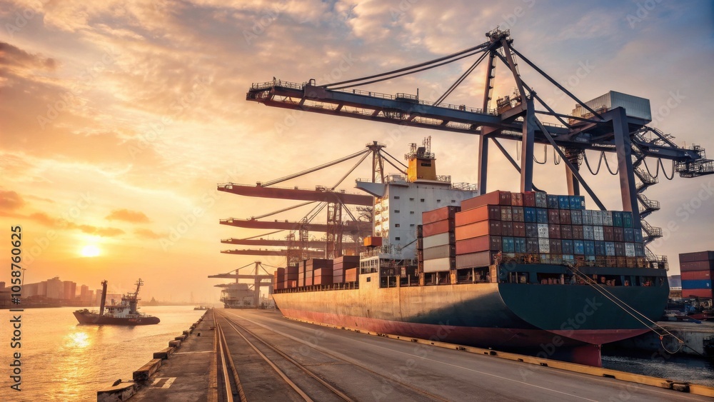 Fototapeta premium Cargo ship at a port during sunset.