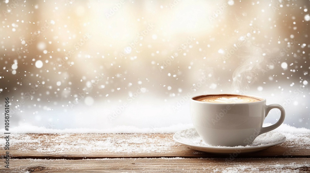 A steaming cup of coffee on a snowy wooden table in a cozy winter setting A steaming cup of coffee on a snowy wooden table in a cozy winter setting