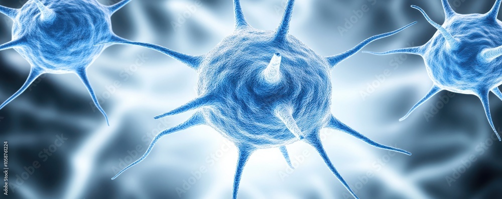 Close-up of blue cellular structures, resembling neurons or microscopic organisms, set against a soft, glowing background. Close-up of blue cellular structures, resembling neurons or microscopic organisms, set against a soft, glowing background.