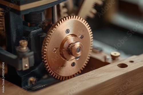 Close-up of a Copper Gear Mechanism in a Vintage Clock With Intricate Details and Craftsmanship Displayed on a Wooden Base