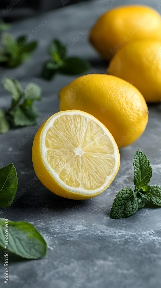 Photo Fresh Lemons and Mint on Gray Background Photo Fresh Lemons and Mint on Gray Background