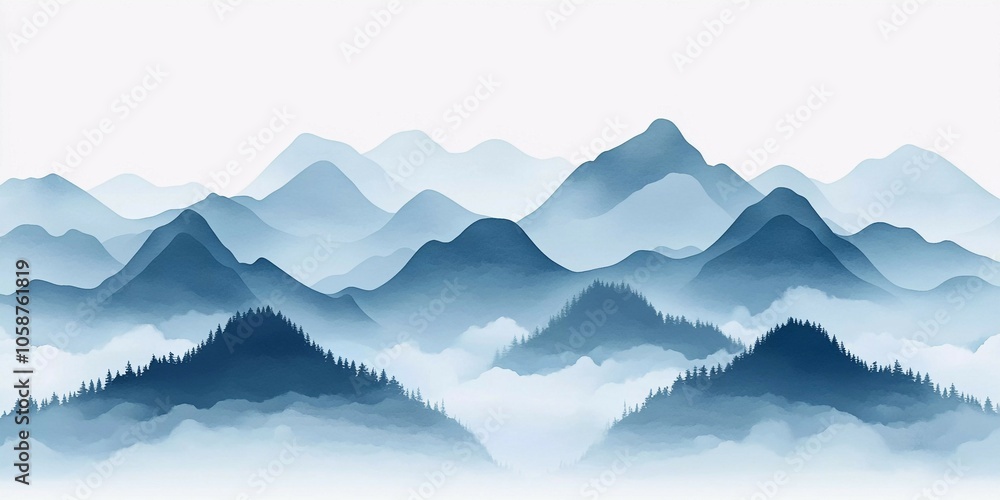Serene mountain landscape with layered peaks and soft mist during early morning light Serene mountain landscape with layered peaks and soft mist during early morning light