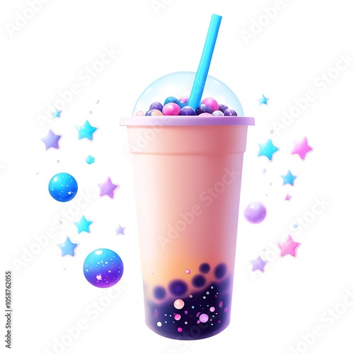 A colorful plastic cup of bubble tea with tapioca pearls, a straw, and a clear plastic lid, with pink, purple, and blue bubbles and stars floating around it.