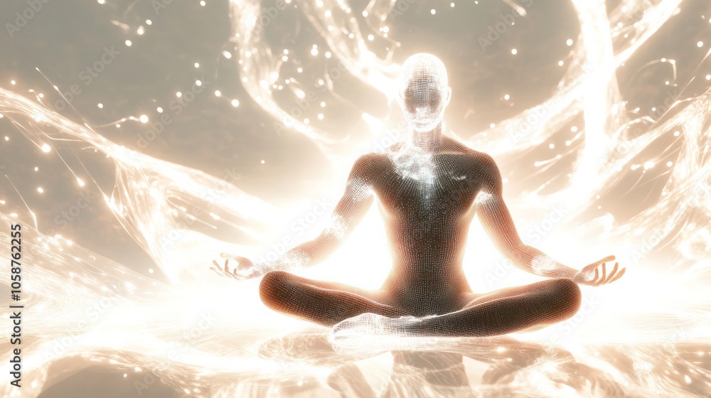 An individual in a peaceful meditative posture is depicted against a white backdrop, with vibrant, An individual in a peaceful meditative posture is depicted against a white backdrop, with vibrant,