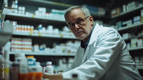 In a hospital pharmacy, a pharmacist intently evaluates medication options while surrounded by shelves of various pharmaceuticals, ensuring patient safety and care