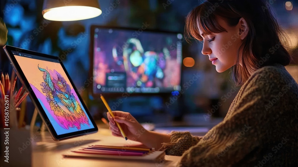 Creative Woman Using Graphics Pen on Digital Tablet for Fantasy Artwork in Dimly Lit Workspace Creative Woman Using Graphics Pen on Digital Tablet for Fantasy Artwork in Dimly Lit Workspace