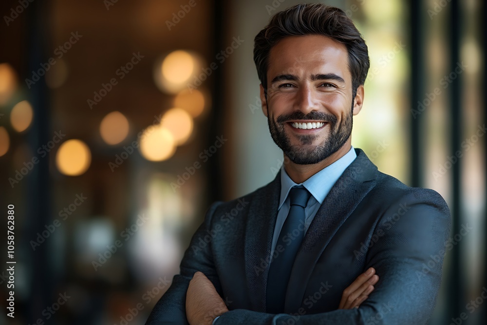 Handsome Businessman Smiling, Sharp Jawline, Blurred Background, Suit Handsome Businessman Smiling, Sharp Jawline, Blurred Background, Suit