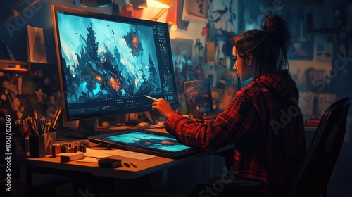 Creative Woman Using Graphics Pen on Digital Tablet for Fantasy Artwork in Dimly Lit Workspace