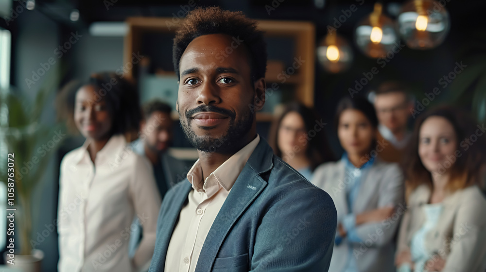 Portrait of a confident, successful young male business leader with a diverse, interracial team, smiling and standing in a modern office. Portrait of a confident, successful young male business leader with a diverse, interracial team, smiling and standing in a modern office.