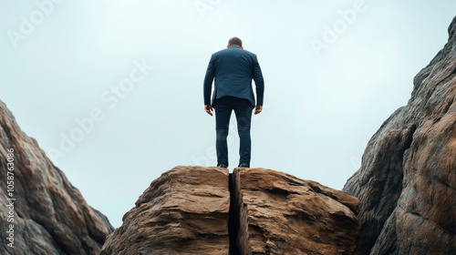 Man in a suit standing on the edge of a rocky cliff looking at the vast sky, expressing determination and challenge. photo