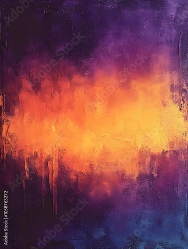 A vibrant abstract painting featuring a gradient of fiery orange and deep purple hues, creating a dynamic and atmospheric visual experience.