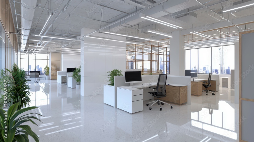 Modern open office layout showcasing a bright, blank white space for creativity and collaboration. Modern open office layout showcasing a bright, blank white space for creativity and collaboration.