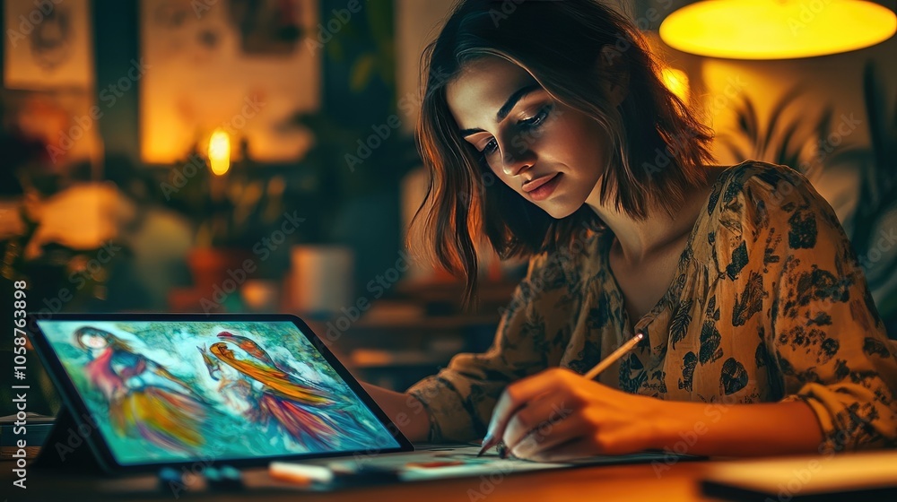Fototapeta premium Creative Woman Using Graphics Pen on Digital Tablet for Fantasy Artwork in Dimly Lit Workspace
