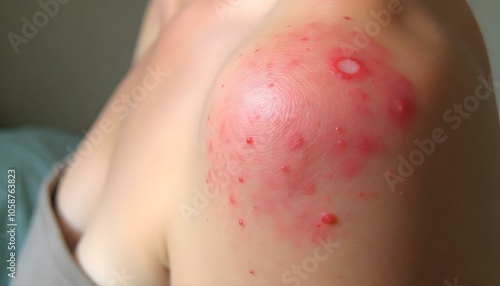 Blistering rash on shoulder, possibly sun burn or chicken pox with copy space