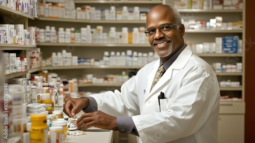 An African American pharmacist is smiling while organizing medication at the hospital pharmacy, attentive to his important responsibilities in patient care and support