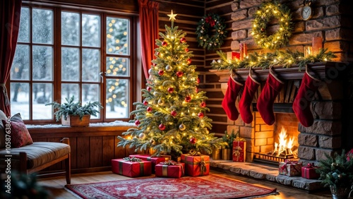 A cozy fireplace adorned with a Christmas tree and colorful stockings hanging above it, creating a festive atmosphere. photo