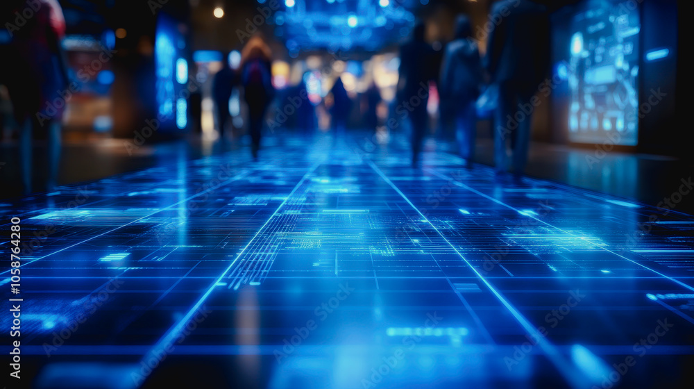 Explore a futuristic digital floor adorned with intricate glowing blue patterns. This vibrant visual creates an immersive environment perfect for tech-themed projects. Explore a futuristic digital floor adorned with intricate glowing blue patterns. This vibrant visual creates an immersive environment perfect for tech-themed projects.