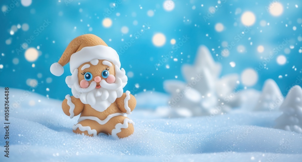A cute gingerbread Santa Claus figure stands in the snow against a blue, festive background with falling snowflakes, capturing the warmth and joy of Christmas. A cute gingerbread Santa Claus figure stands in the snow against a blue, festive background with falling snowflakes, capturing the warmth and joy of Christmas.